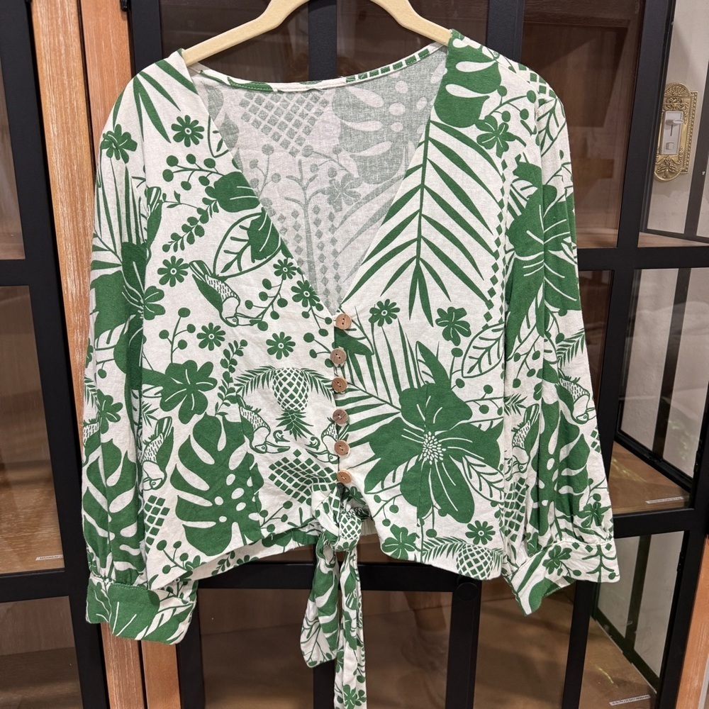 Macaw Elegance linen top long sleeve vneck tiefront toucan farmrio anthropologie